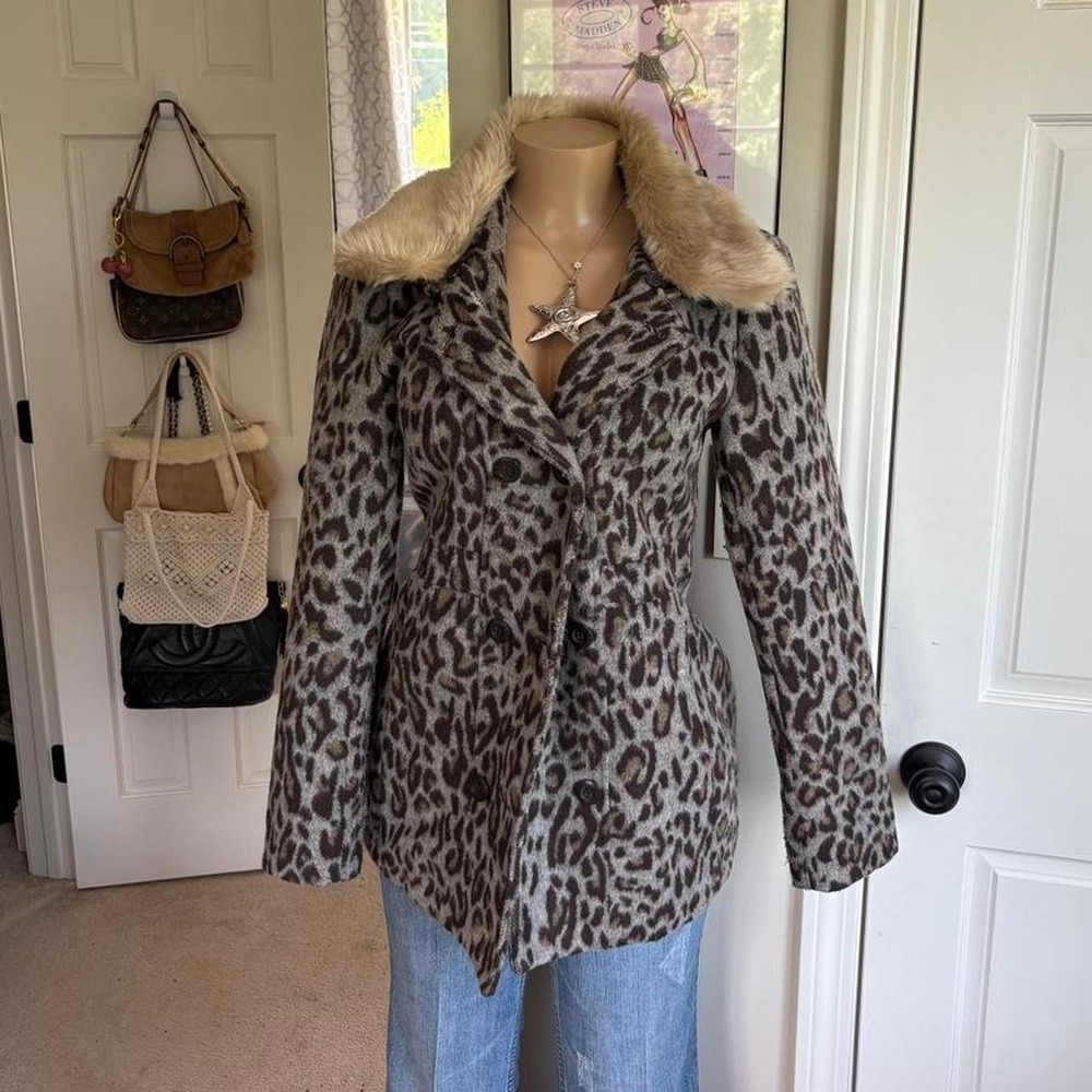 Y2K 2000s mob wife Leopard Faux Fur Collar Coat